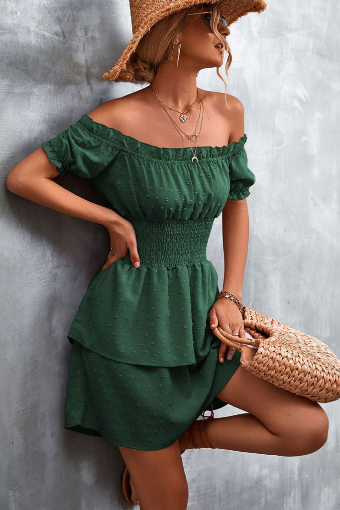 Swiss Dot Layered Off-Shoulder Smocked Dress - Belle Donne Clothing & Accessories