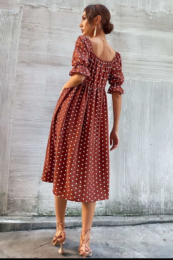 Polka Dot Square Neck Flounce Sleeve Dress - Belle Donne Clothing & Accessories