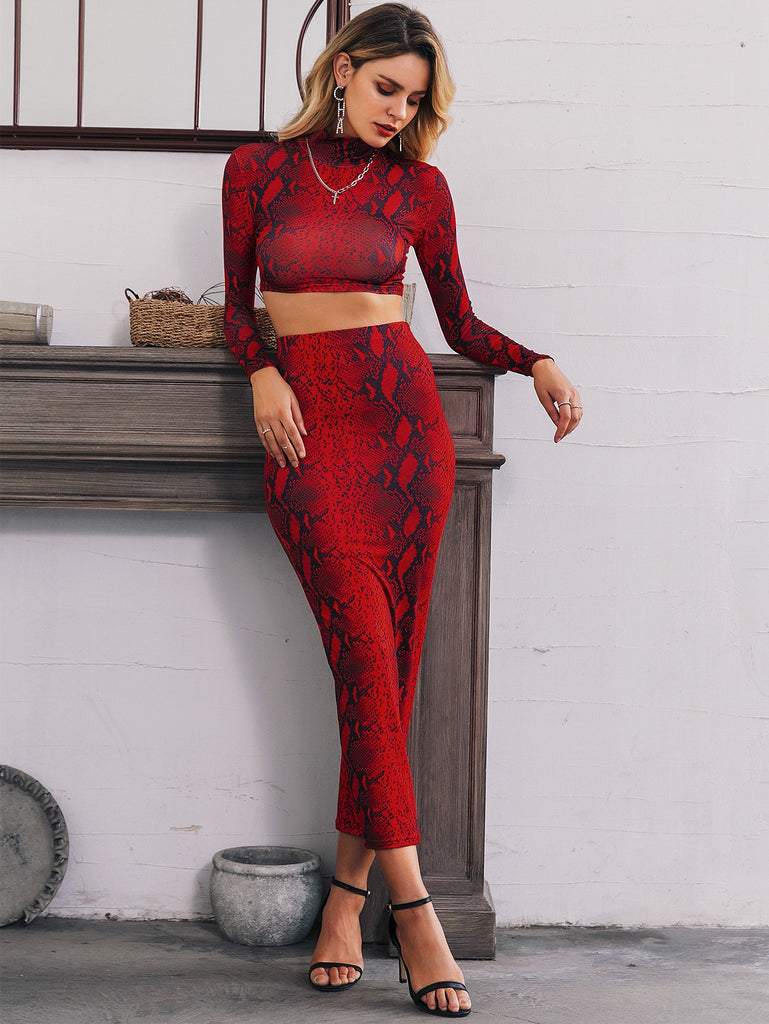 Snakeskin Print Crop Top and Pencil Skirt Set - Belle Donne Clothing & Accessories