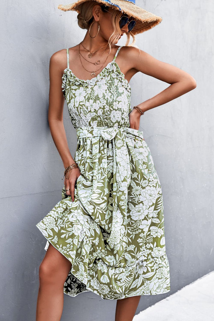 Floral Smocked Tie Waist Ruffle Hem Midi Dress - Belle Donne Clothing & Accessories