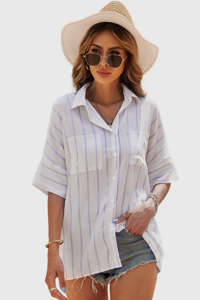 Pocketed Striped Shirt - Belle Donne Clothing & Accessories