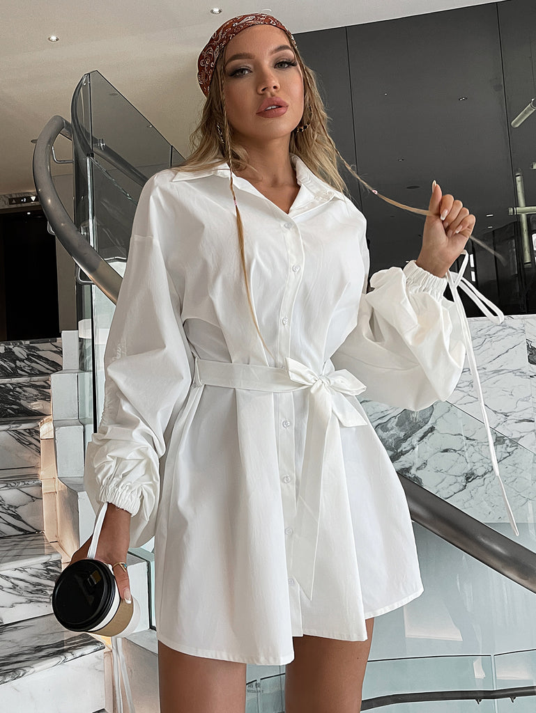 Drawstring Balloon Sleeves Belted Mini Shirt Dress - Belle Donne Clothing & Accessories