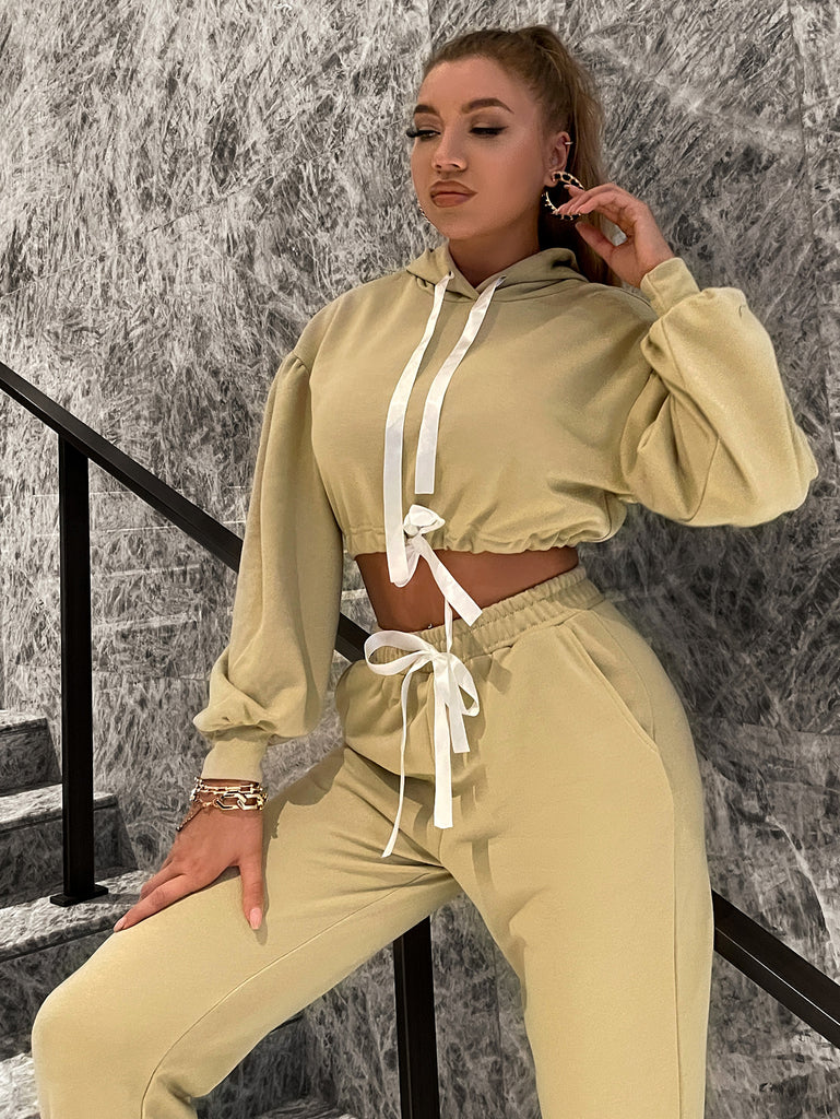 Two-Tone Drawstring Cropped Hoodie and Joggers Set - Belle Donne Clothing & Accessories