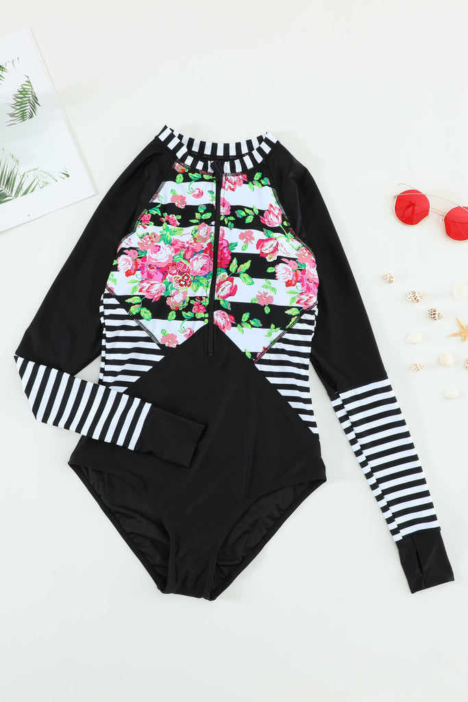 Floral Striped Patchwork Rashguard One-piece - Belle Donne Clothing & Accessories