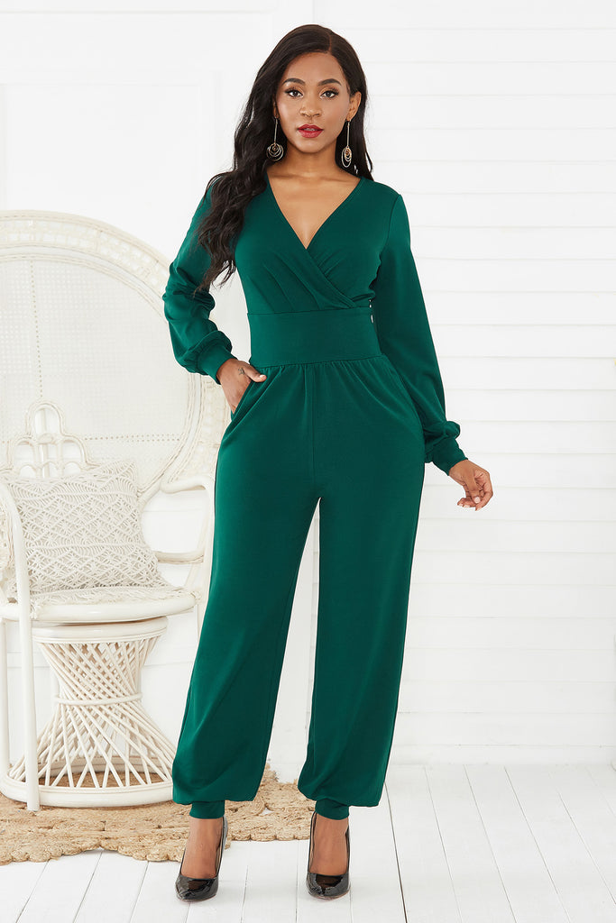 Gathered Detail Surplice Lantern Sleeve Jumpsuit - Belle Donne Clothing & Accessories