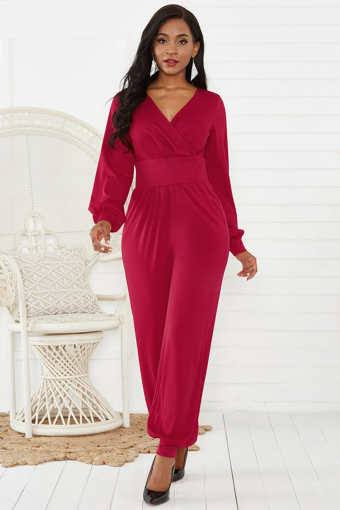 Gathered Detail Surplice Lantern Sleeve Jumpsuit - Belle Donne Clothing & Accessories