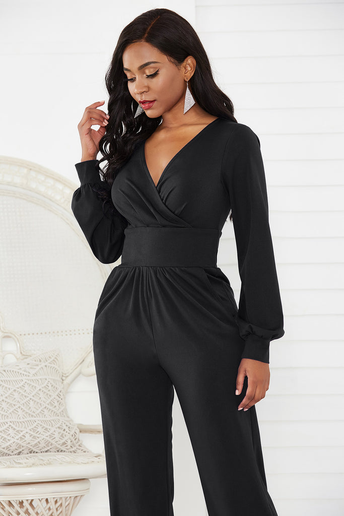 Gathered Detail Surplice Lantern Sleeve Jumpsuit - Belle Donne Clothing & Accessories