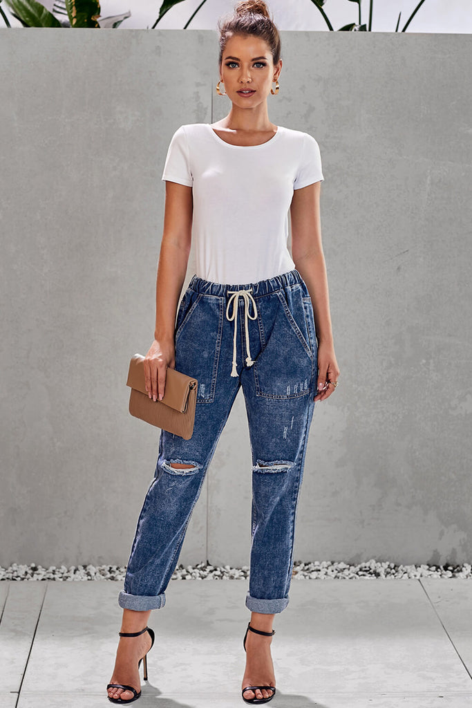 Drawstring Denim Joggers - Belle Donne Clothing & Accessories