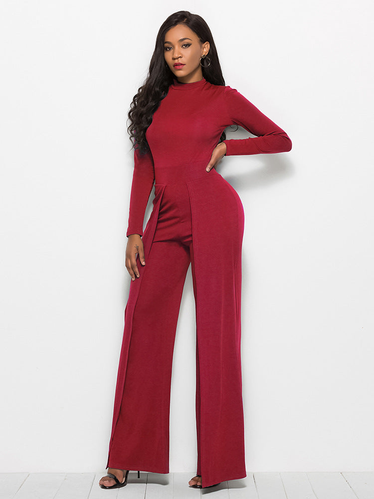 Long Sleeve Mock Neck Wide Leg Jumpsuit - Belle Donne Clothing & Accessories