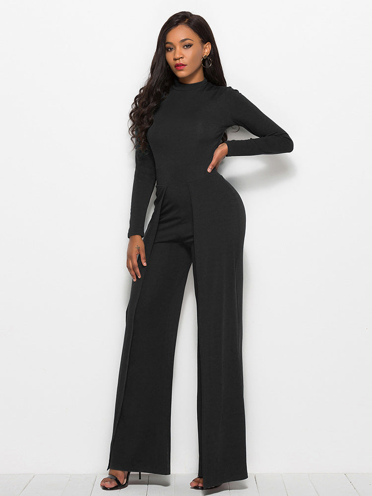 Long Sleeve Mock Neck Wide Leg Jumpsuit - Belle Donne Clothing & Accessories