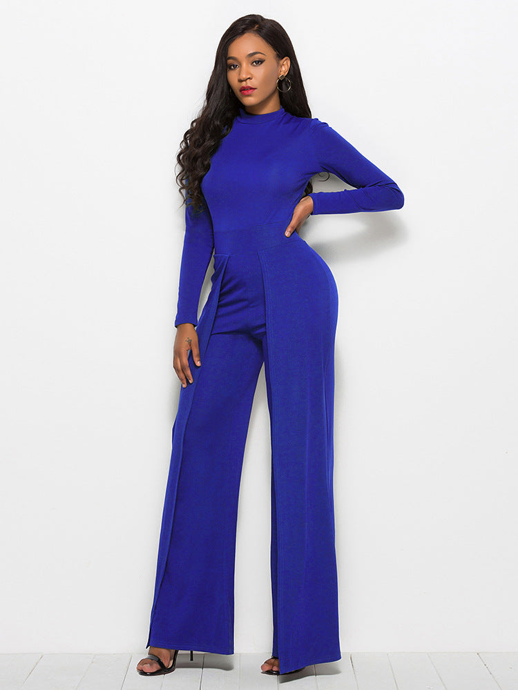 Long Sleeve Mock Neck Wide Leg Jumpsuit - Belle Donne Clothing & Accessories