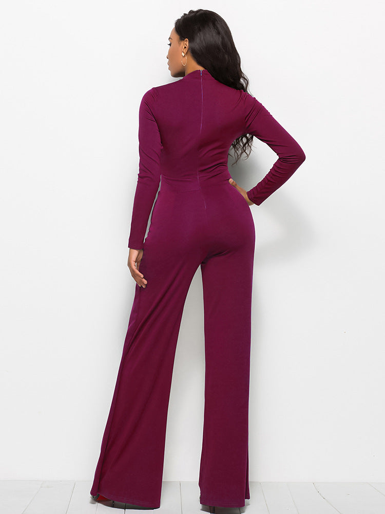 Long Sleeve Mock Neck Wide Leg Jumpsuit - Belle Donne Clothing & Accessories