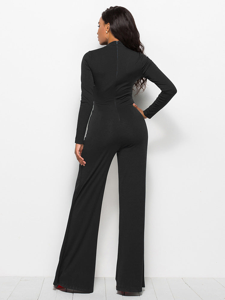 Long Sleeve Mock Neck Wide Leg Jumpsuit - Belle Donne Clothing & Accessories