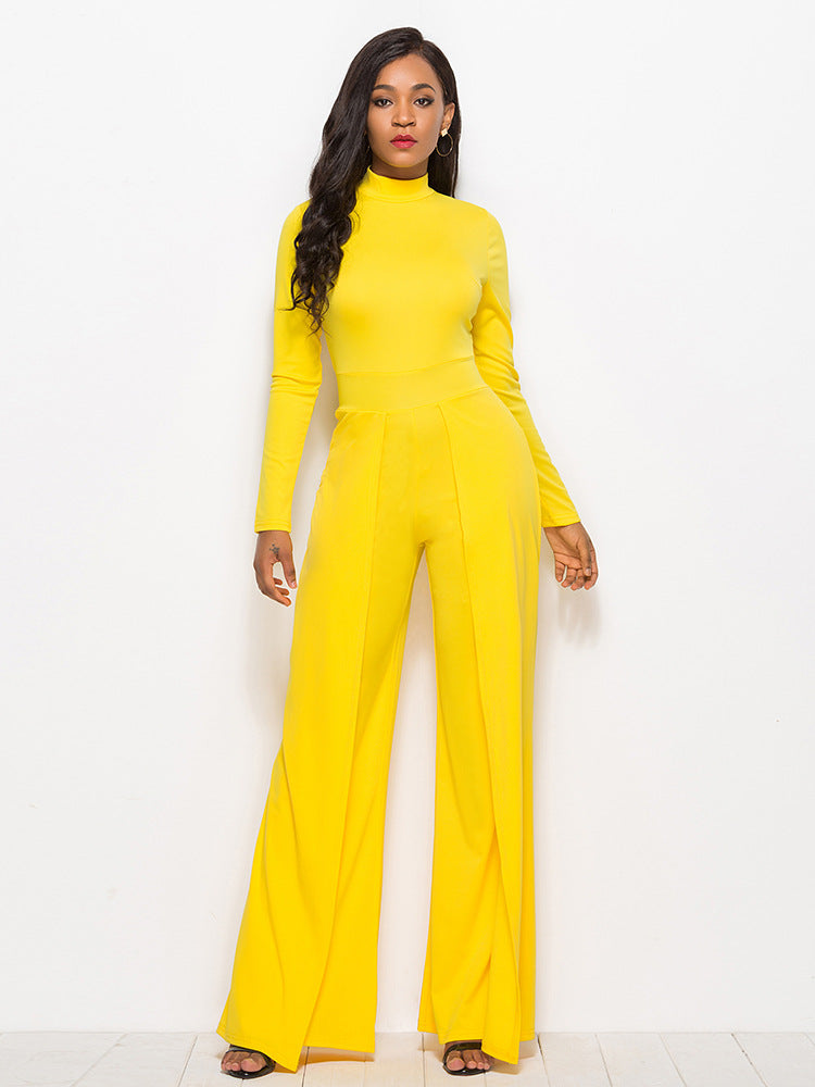 Long Sleeve Mock Neck Wide Leg Jumpsuit - Belle Donne Clothing & Accessories