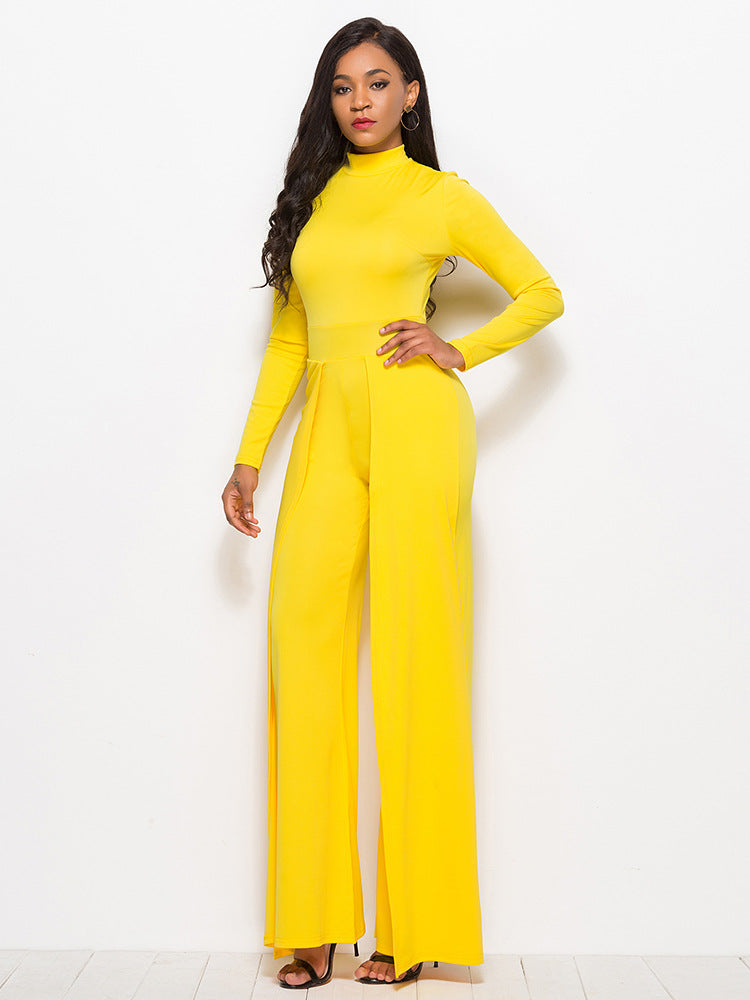 Long Sleeve Mock Neck Wide Leg Jumpsuit - Belle Donne Clothing & Accessories