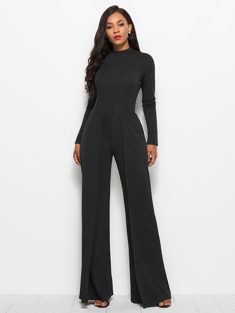 Long Sleeve Mock Neck Wide Leg Jumpsuit - Belle Donne Clothing & Accessories