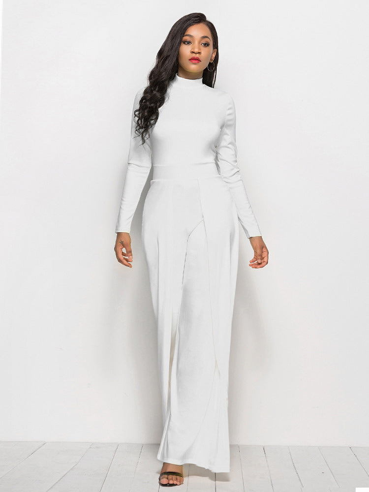 Long Sleeve Mock Neck Wide Leg Jumpsuit - Belle Donne Clothing & Accessories