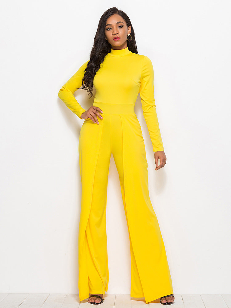 Long Sleeve Mock Neck Wide Leg Jumpsuit - Belle Donne Clothing & Accessories