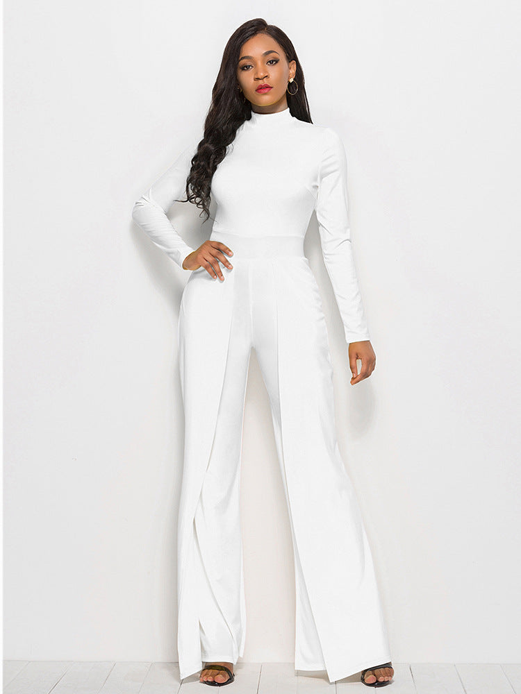 Long Sleeve Mock Neck Wide Leg Jumpsuit - Belle Donne Clothing & Accessories