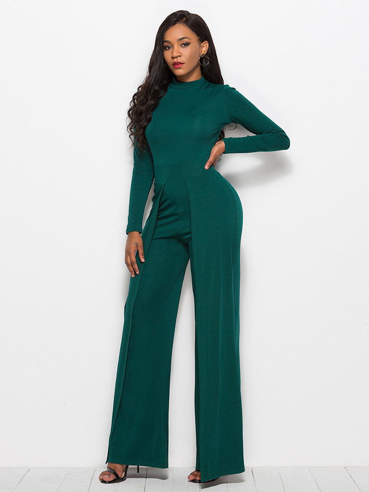 Long Sleeve Mock Neck Wide Leg Jumpsuit - Belle Donne Clothing & Accessories