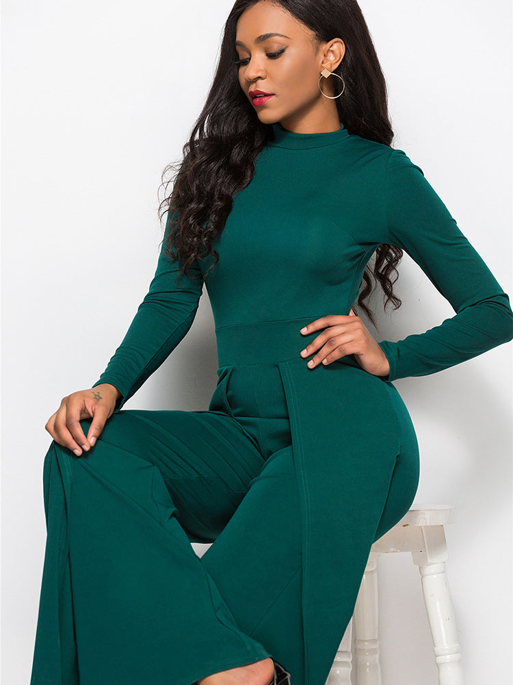 Long Sleeve Mock Neck Wide Leg Jumpsuit - Belle Donne Clothing & Accessories