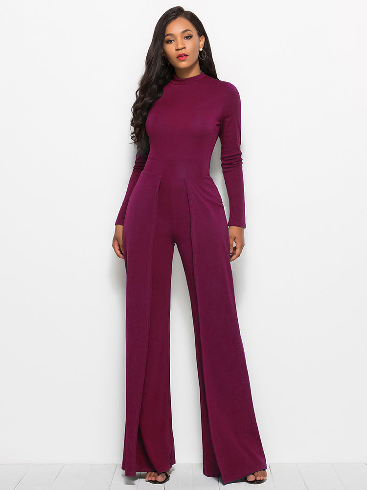 Long Sleeve Mock Neck Wide Leg Jumpsuit - Belle Donne Clothing & Accessories