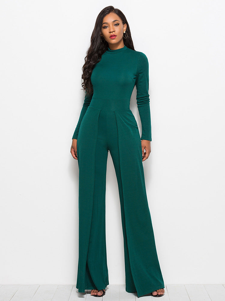 Long Sleeve Mock Neck Wide Leg Jumpsuit - Belle Donne Clothing & Accessories