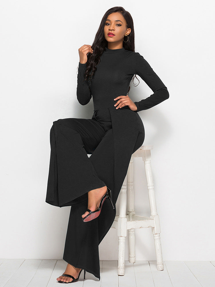 Long Sleeve Mock Neck Wide Leg Jumpsuit - Belle Donne Clothing & Accessories