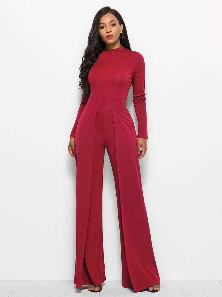 Long Sleeve Mock Neck Wide Leg Jumpsuit - Belle Donne Clothing & Accessories