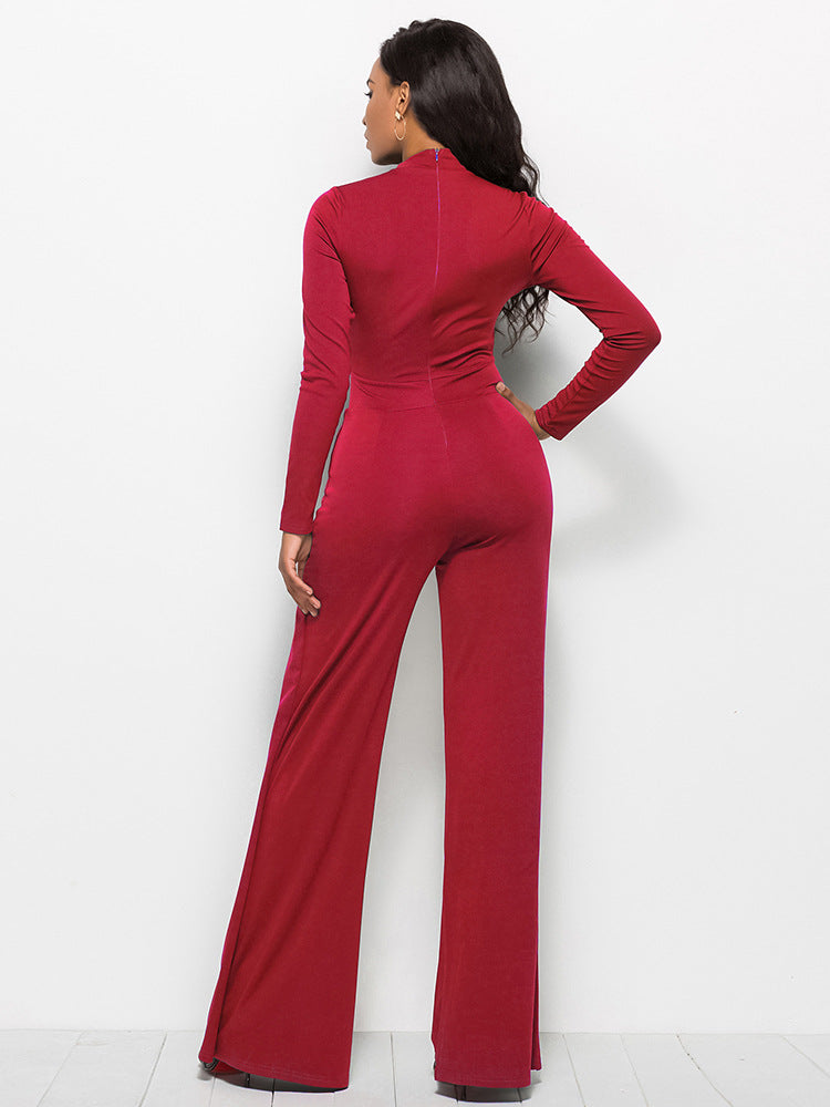 Long Sleeve Mock Neck Wide Leg Jumpsuit - Belle Donne Clothing & Accessories