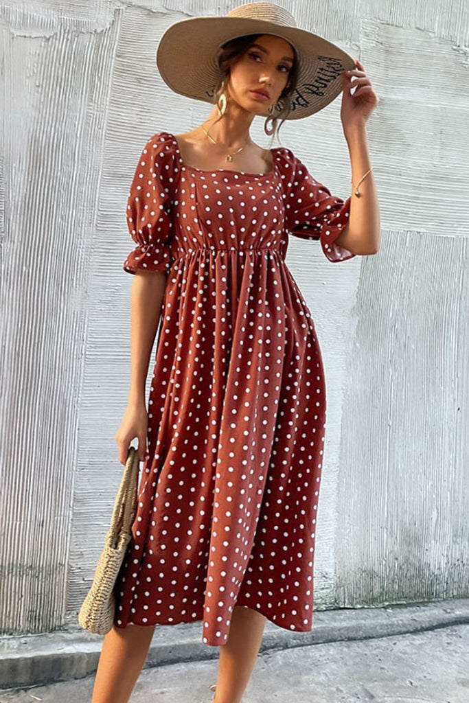 Polka Dot Square Neck Flounce Sleeve Dress - Belle Donne Clothing & Accessories