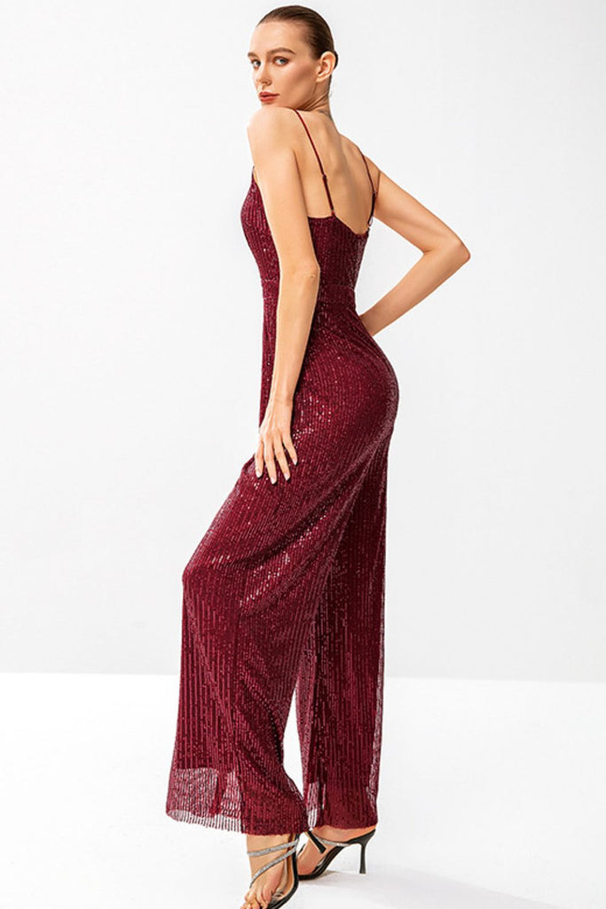 Sequined Spaghetti Strap Plunge Wide Leg Jumpsuit - Belle Donne Clothing & Accessories