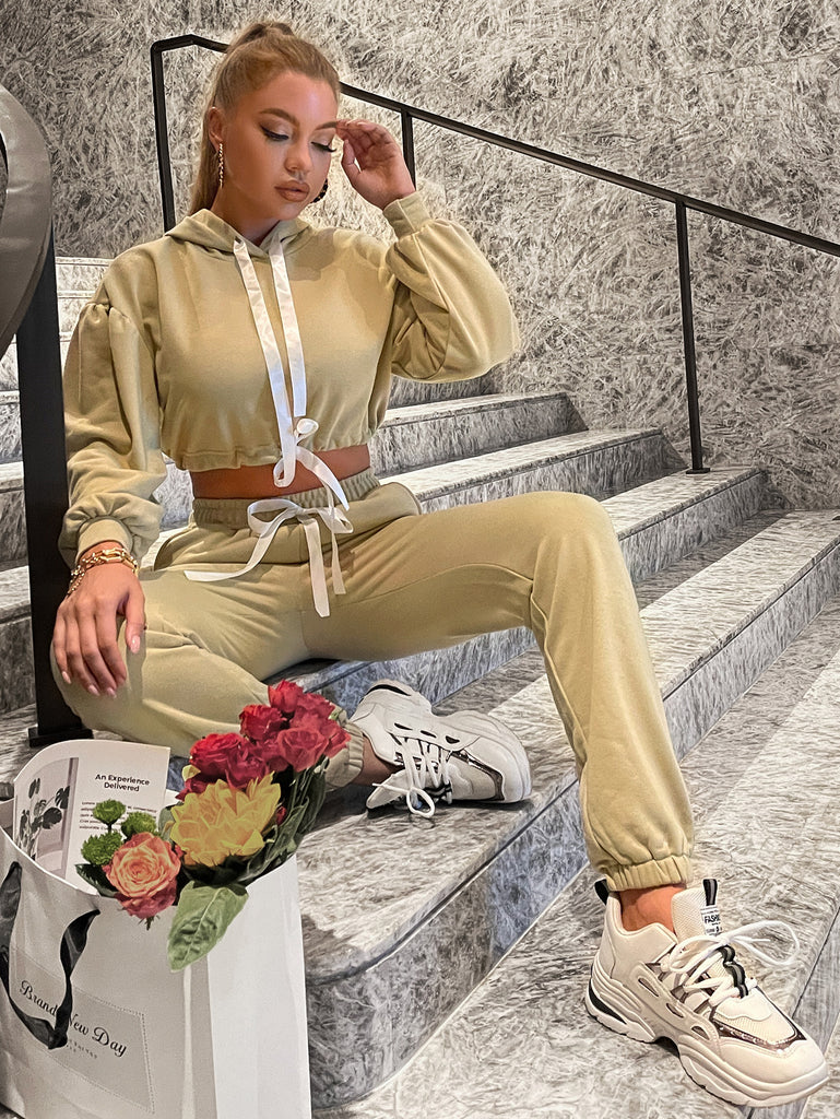 Two-Tone Drawstring Cropped Hoodie and Joggers Set - Belle Donne Clothing & Accessories