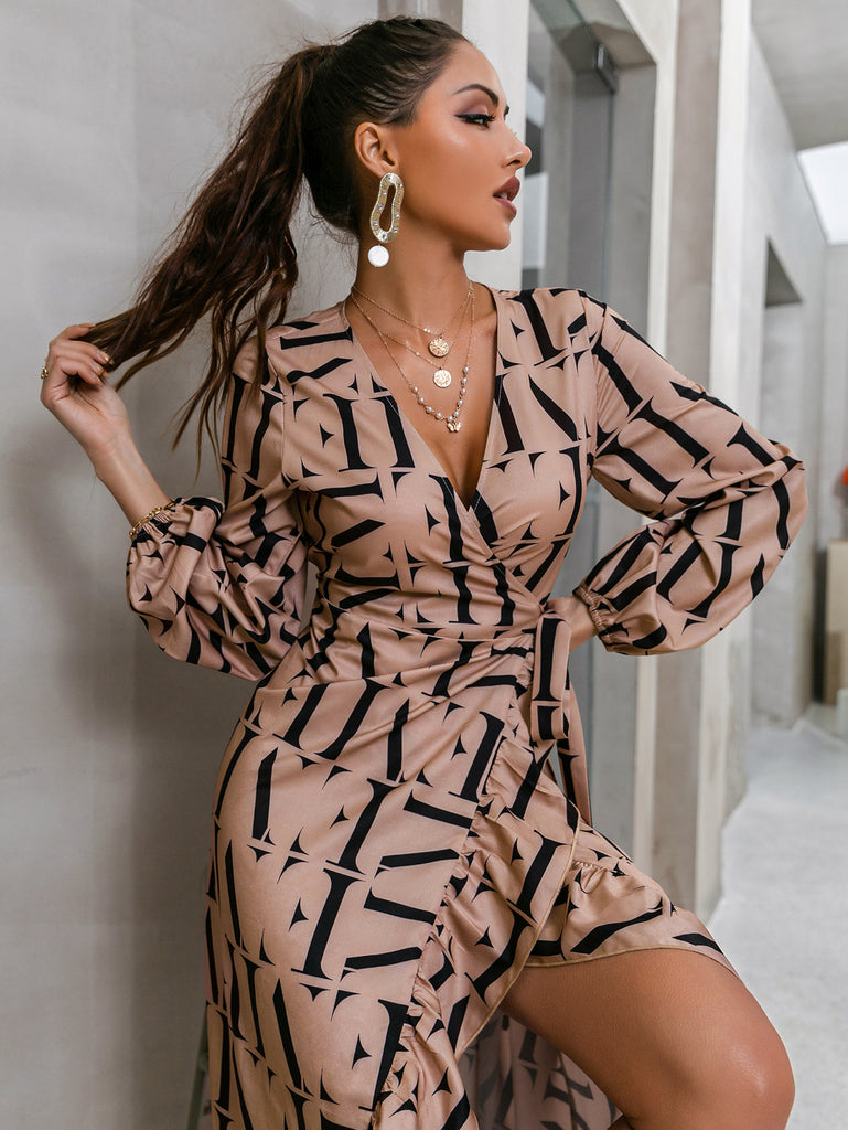 Letter Print Ruffle Hem Midi Wrap Dress - Belle Donne Clothing & Accessories