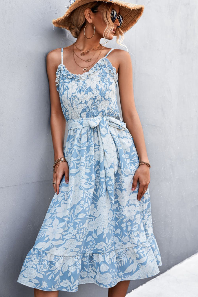 Floral Smocked Tie Waist Ruffle Hem Midi Dress - Belle Donne Clothing & Accessories