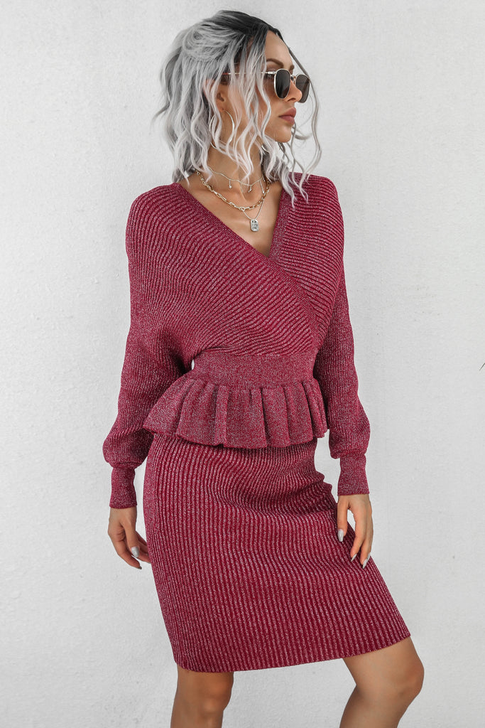 Peplum Dolman Sleeve Rib-Knit Top and Skirt Set - Belle Donne Clothing & Accessories