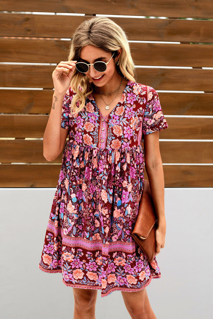 Bohemian Printed Short Sleeve Dress - Belle Donne Clothing & Accessories