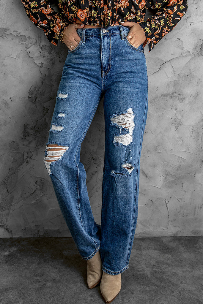 Distressed High Waist Jeans with Pockets - Belle Donne Clothing & Accessories