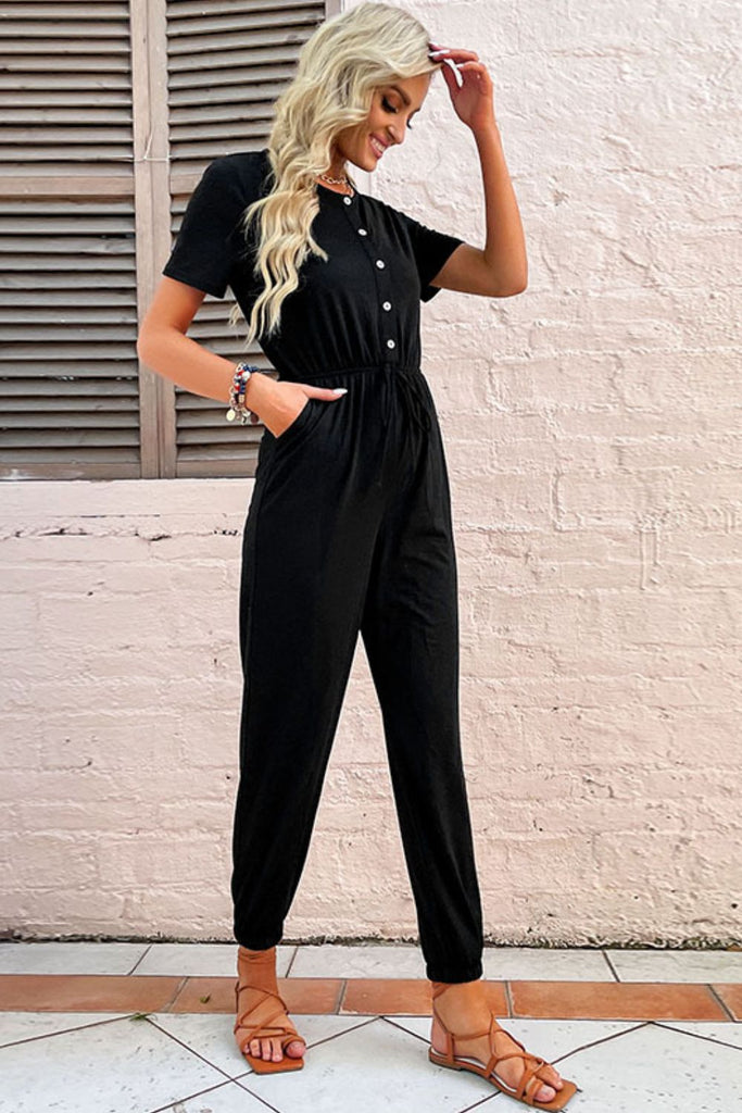 Button Front Short Sleeve Jogger Jumpsuit - Belle Donne Clothing & Accessories