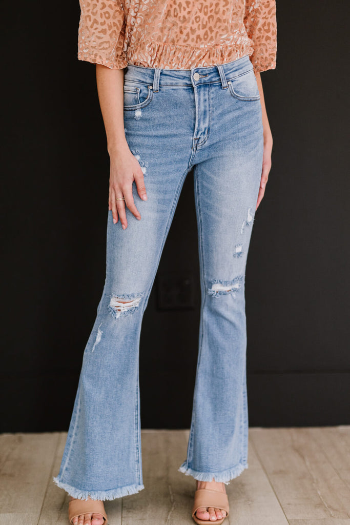 RISEN Divine Denim Full Size Run Distressed Flare Jeans - Belle Donne Clothing & Accessories