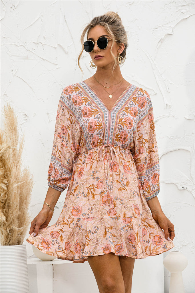 Printed Lantern Sleeve V Neck Dress - Belle Donne Clothing & Accessories