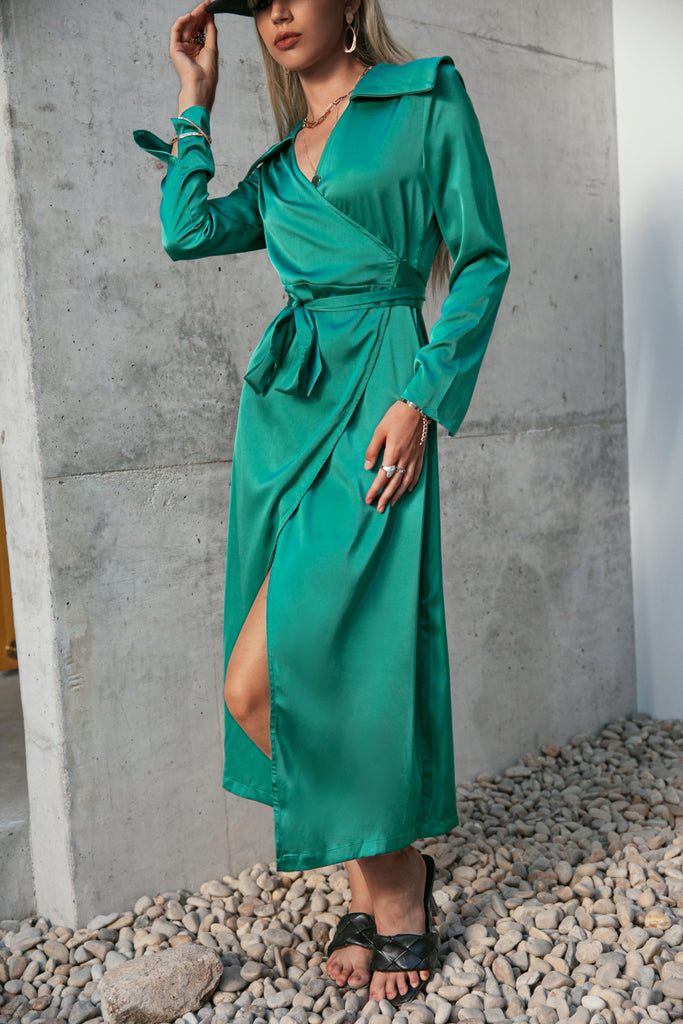 Statement Collar Wrap Midi Dress - Belle Donne Clothing & Accessories