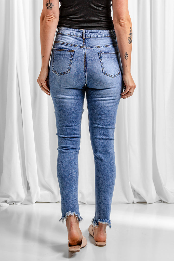 Distressed Raw Hem Skinny Jeans - Belle Donne Clothing & Accessories