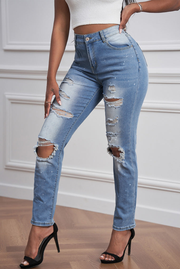 Ripped Straight Leg Jeans - Belle Donne Clothing & Accessories