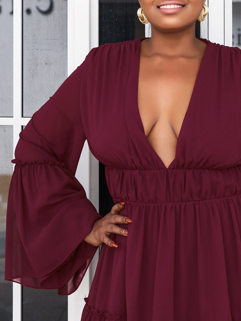 Plus Size Flare Sleeve Plunge Mini Dress - Belle Donne Clothing & Accessories