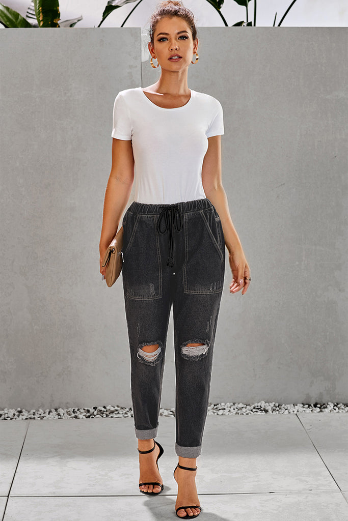 Drawstring Denim Joggers - Belle Donne Clothing & Accessories