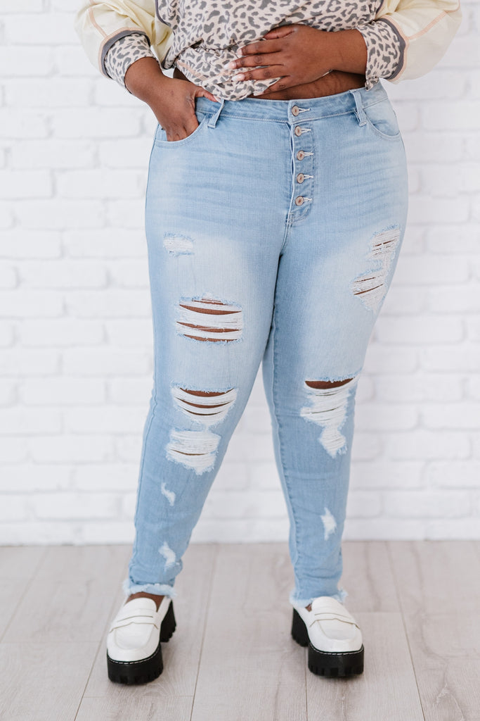 Kancan At Last Distressed Button Fly Skinny Jeans - Belle Donne Clothing & Accessories