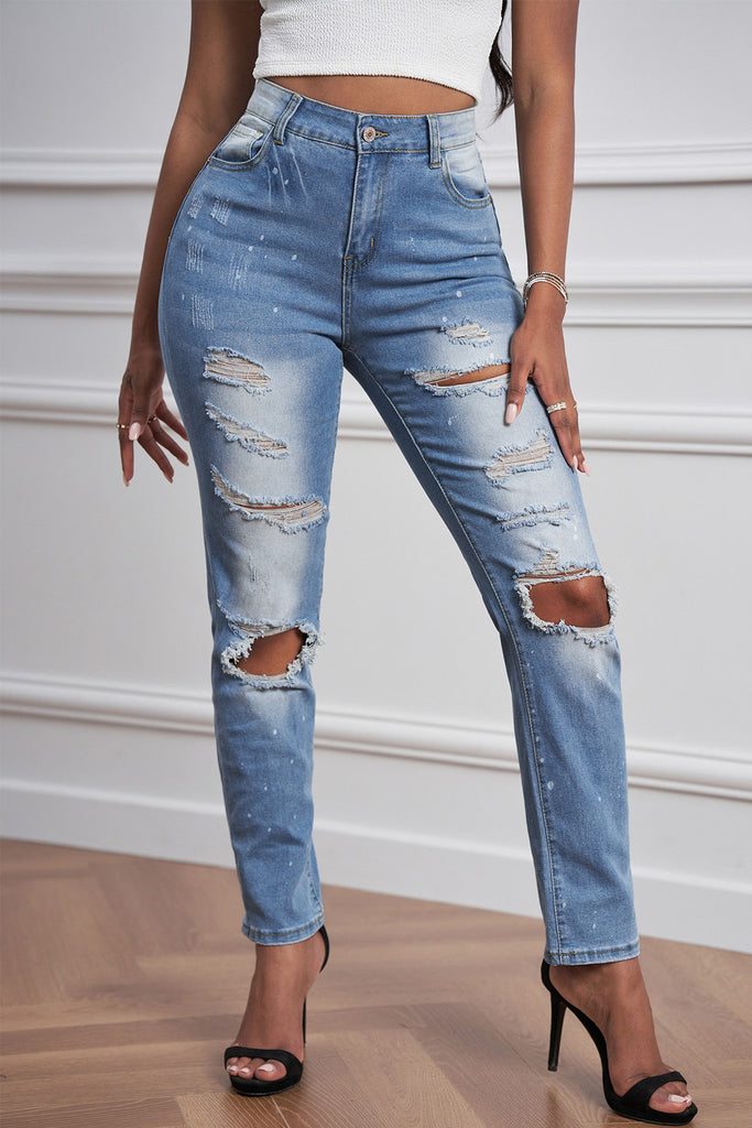 Ripped Straight Leg Jeans - Belle Donne Clothing & Accessories