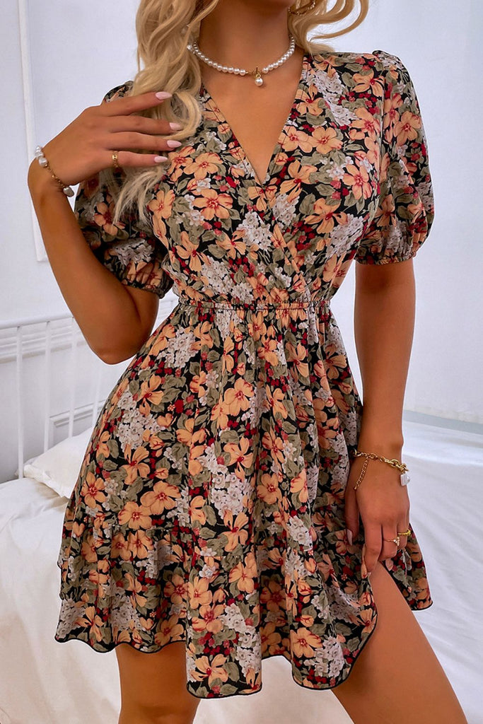 Floral Puff Sleeve Tie Back Dress - Belle Donne Clothing & Accessories