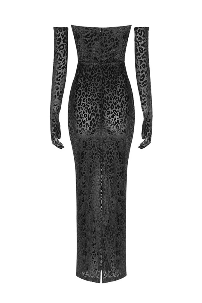 Leopard Burnout Velvet Strapless Maxi Dress with Gloves - Belle Donne Clothing & Accessories